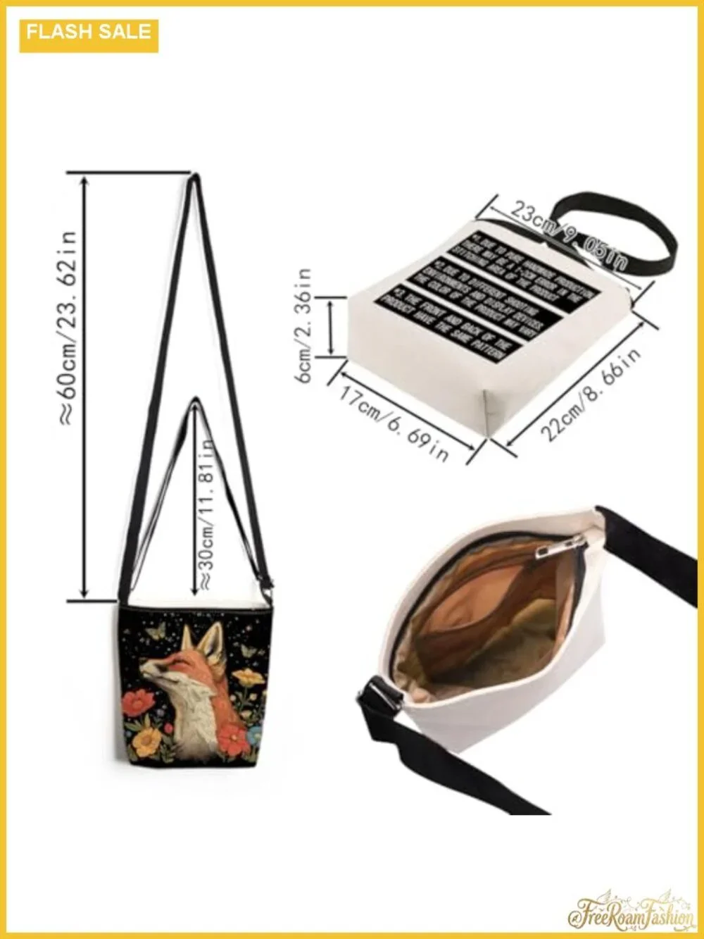Floral Fox Crossbody Bag Messenger Purse Canvas Polyester Adjustable Strap